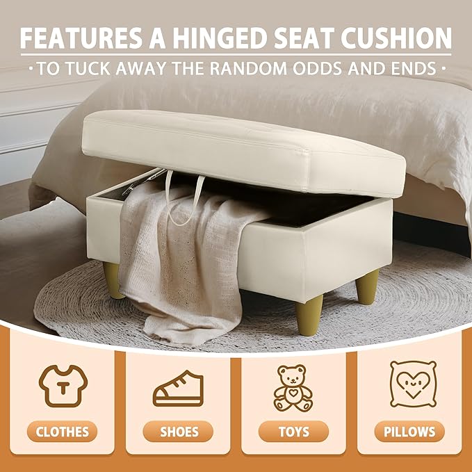Ottoman Rectangular Storage Ottoman Bench, Faux Leather Footrest, Coffee Table, Stool Footstool with Hinged Lid for Living Room, Bedroom, Entryway, White, 35"x23.5"x17.5"-Ruum Studio Home