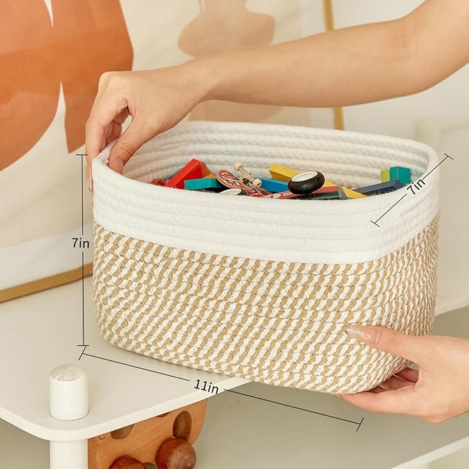 Small Cotton Rope Storage Basket Set of 3-11"x7"x7" Perfect Woven Baskets for Storage, Ideal Storage Baskets for Organizing Toys, Towels, and More - Baskets for Shelves（White & Mixed Camel）-Ruum Studio Home