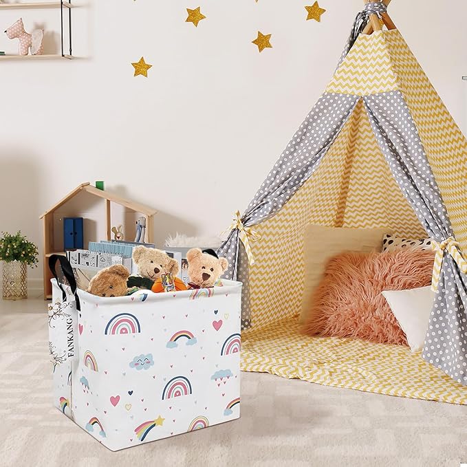 FANKANG Square Nursery Hamper Storage Bins Canvas Laundry Basket Foldable with Waterproof PE Coating Storage Baskets Gift Baskets for Children, Office, Bedroom, Clothes（Square-Love Rainbow ）-Ruum Studio Home