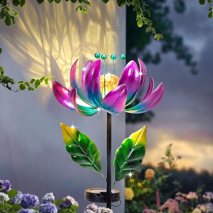 Solar Purple Metal Flower Wind Spinners, Colorful Spinning Windmill Lotus Yard Art Lights Wind Pinwheels with LED Crystal Ball Decorative Stake Lighting Flower Sculpture-Ruum Studio Home