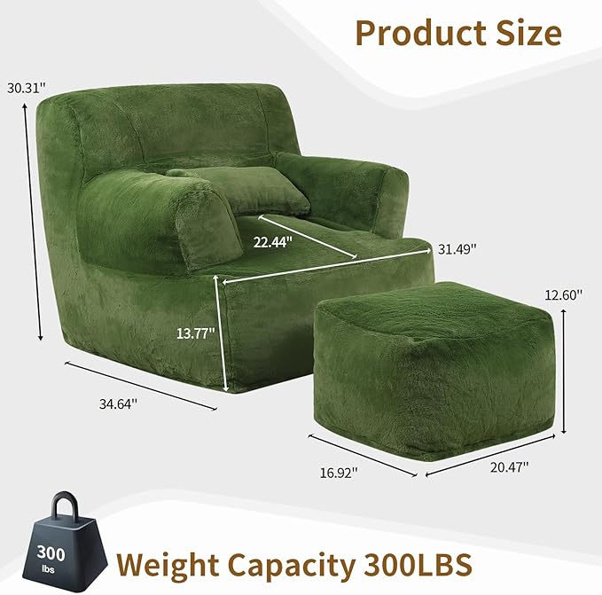 Comfy Gaint Bean Bag Chair with Ottoman, Huge Bean Bag Armchair for Adults and Teens, Green-Ruum Studio Home