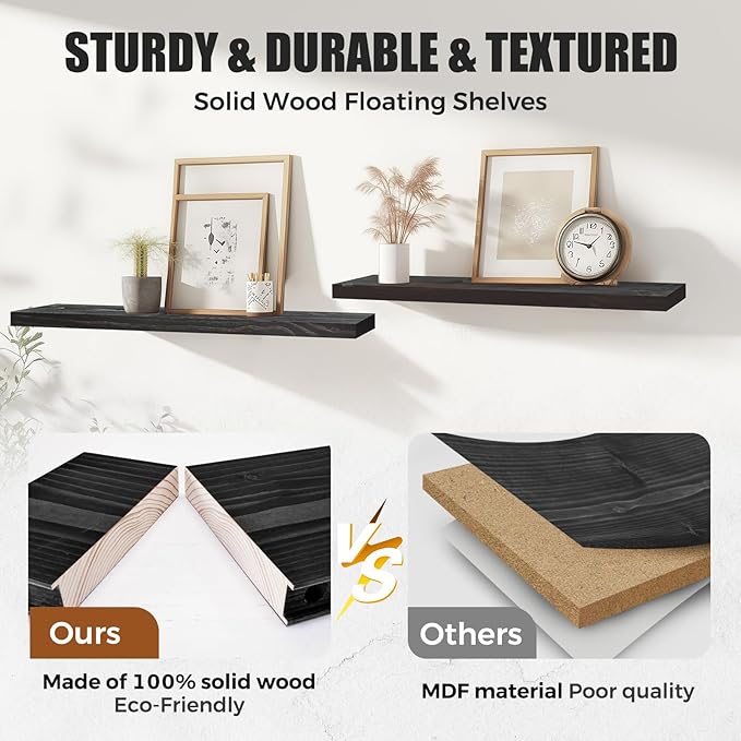 Floating Wall Shelves 2-Pack - 24-Inch Rustic Black Wooden Shelves for Storage and Décor, Easy Installation for Living Room, Bedroom, and Kitchen-Ruum Studio Home