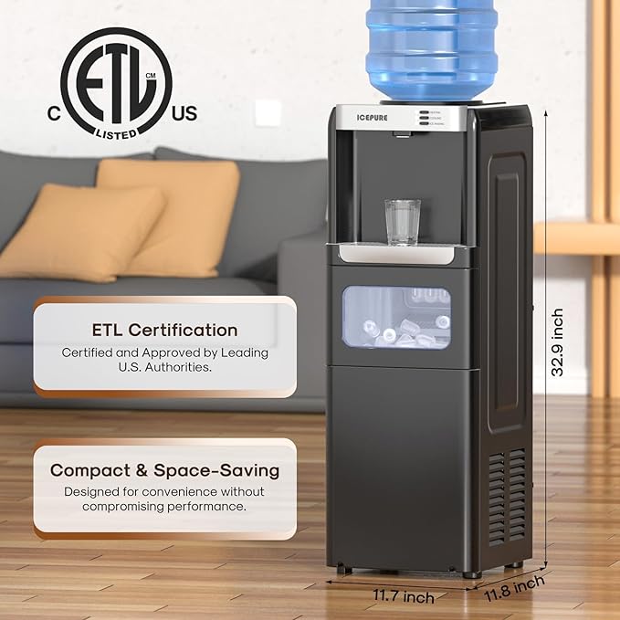 ICEPURE 3-in-1 Water Dispenser with Ice Maker, Water Cooler Dispenser for 5 Gallon Bottle Built-in Bullet Ice Maker Top Loading, Hot and Cold Water Dispenser for Home/Office, 33lbs/24H, Child Lock-Ruum Studio Home