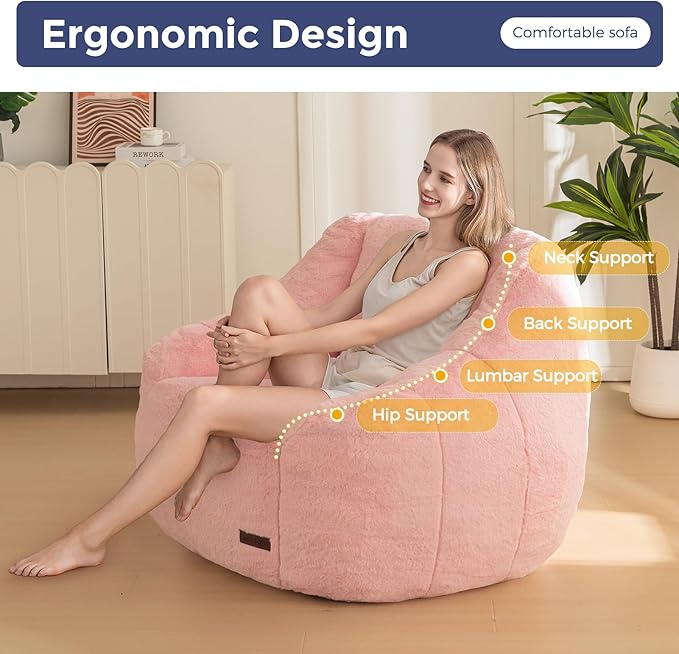 MAXYOYO Bean Bag Chair, Comfy Bean Bag Sofa with Back Support, Faux Fur Bean Bag Chair for Adults and Kids, Stuffed Floor Sofa for Living Room, Bedroom, Apartment, Pink-Ruum Studio Home