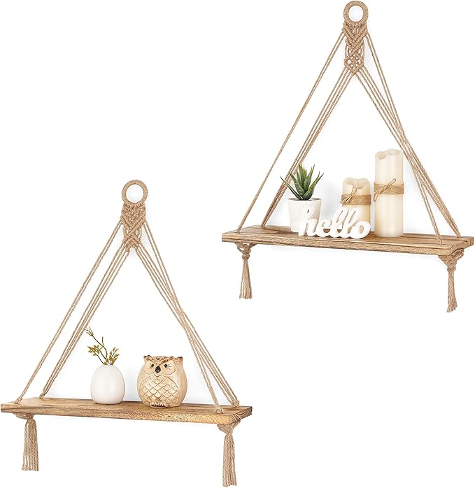 Mkono Macrame Hanging Shelves Boho Wall Decor Set of 2 Rustic Wood Floating Storage Shelf for Bedroom Bathroom Living Room Nursery Dorm Room, Display Shelving for Hanging Plants Photos-Ruum Studio Home
