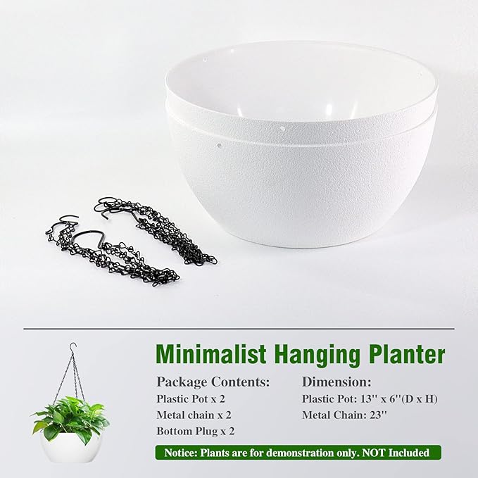 WOUSIWER 13 inch 2Pack Large Hanging Planters for Outdoor Indoor Plants with Drainage Holes and Chain, Round Hanging Flower Pots for Garden Home Porch Decor, White-Ruum Studio Home