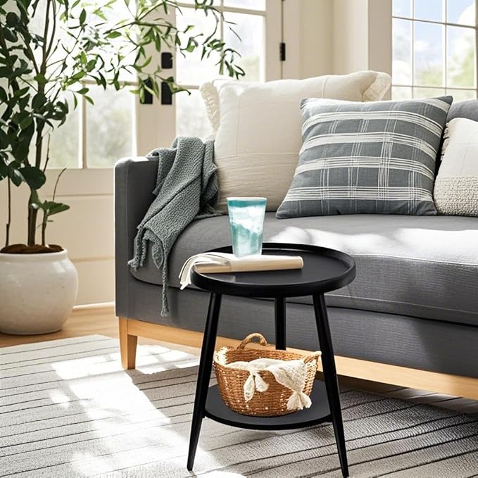 Small Round Side Table, 2-Tier Mid Century Modern Side Table, Round End Table Small Side Table for Living Room, Metal Frames, Black-Ruum Studio Home