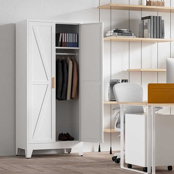 71'' Farmhouse Metal Wardrobe Cabinet with Hanging Rod, 2 Barn Door Wardrobe Closet with 5 Adjustable Shelves,Drawer,for Dining Room,Bedroom,Living Room, Cloak Room,Office (White)-Ruum Studio Home