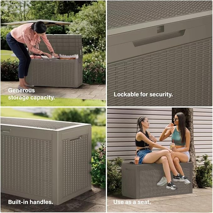 150 Gallon Resin Deck Box, Waterproof Outdoor Storage Bin for Patio Furniture, Pool Accessories, and Garden Tools, Lockable & UV-Resistant, Grey-Ruum Studio Home