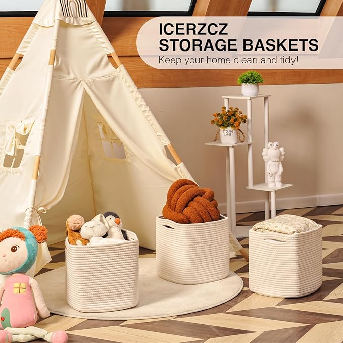 11 Inch Cube Storage Bins, Organizer Bins, Woven Cotton Rope Baskets for Storage, Storage Baskets for Organizing Shelves, White Basket for Toys, Off White (Pack of 3)-Ruum Studio Home