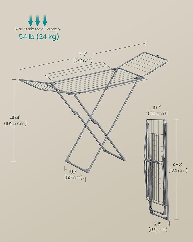 SONGMICS Clothes Drying Rack, Metal Laundry Drying Rack, Foldable, Space-Saving, Free-Standing Airer, with 4 Gullwings, Indoor Outdoor Use, Bed Linen Clothing, Gray ULLR541G01-Ruum Studio Home