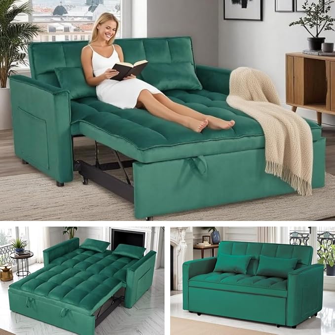 3 in 1 Sleeper Sofa Bed, Futon Sofa Bed for Living Room with Side Pocket, Green Sleepers Sofas Couch with Pullout Beds, Convertible Love Seat Sleepers Couch for Living Room, Bedroom-Ruum Studio Home