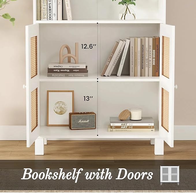 Tall Bookshelf, 5-Tier Book Shelf with 2 Rattan Doors, Freestanding Bookcase Display Shelves with Large Storage, Book Case for Living Room, Office, Study, Bedroom, 70.9 Inch-Ruum Studio Home