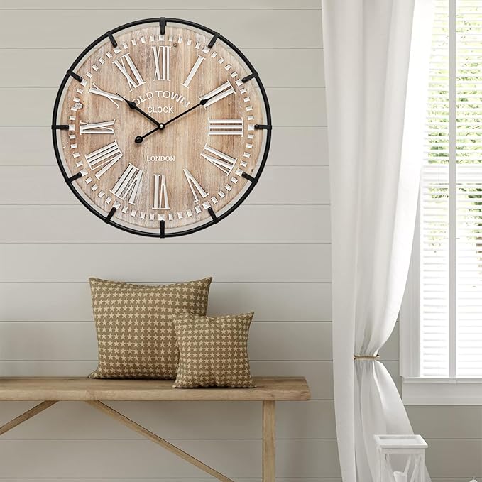 24 Inch Grand Farmhouse Wall Clock, Vintage-Inspired Wood & Metal Design with Large Etched Numbers, Silent Battery-Powered Timepiece for Offices, Kitchens, Bedrooms, and Living Rooms