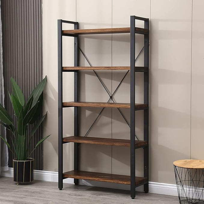 5 Tier Bookcase, Solid Wood Bookshelf Rustic Vintage Industrial Etagere Bookcase, Metal and Wood Free Vintage Bookshelf, Retro Brown (Real Wood) (5-Tiers)-Ruum Studio Home