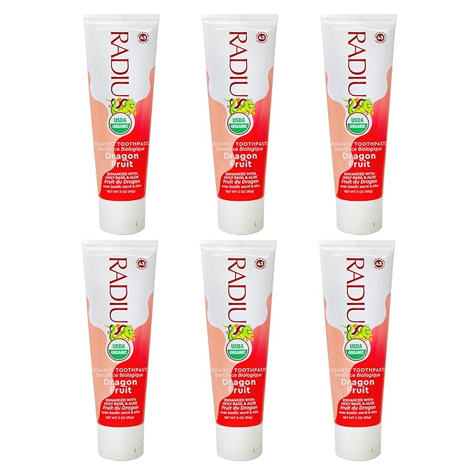 RADIUS USDA Organic Kids Toothpaste 3oz Non Toxic Chemical-Free Gluten-Free Designed to Improve Gum Health for Children's 6 Months and Up - Dragon Fruit - Pack of 6-Ruum Studio Home