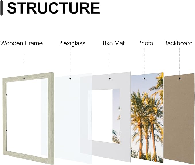 Vittanly 12x12 Picture Frames Set of 9, Shatter Resistant Plexiglass, Display 8x8 Pictures with Mat or 12x12 without Mat, Photo Frames for Wall Mount, Engineered Wood, Driftwood-Ruum Studio Home