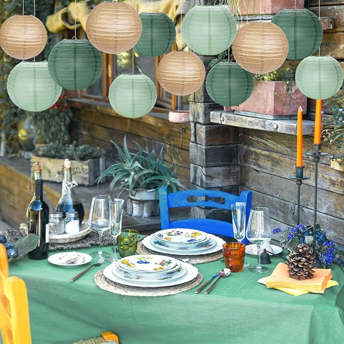 Paper Lanterns Decorative, Sage Green Forest Tan Hanging Round Chinese Lanterns with Lights for Rustic Party Sage Green Birthday Party 12 LED Light Pack of 12-Ruum Studio Home