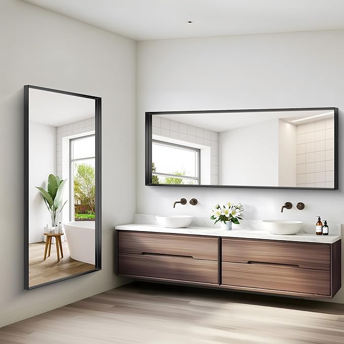 Black Bathroom Mirror, 72x30 Inch Rectangular Deep Frame Mirror, Large Wall Mounted Bathroom Vanity Mirror Over Sink for Bedroom,Restroom, Living Room, Hangs Vertically or Horizontally-Ruum Studio Home
