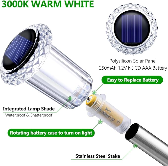 DenicMic Solar Lights Outdoor 15 Pack Waterproof 3000K Warm White LED Acrylic lamp Head Stainless Steel Stake for Landscape Lighting Path Walkway Sidewalk Backyard Patio Decor-Ruum Studio Home