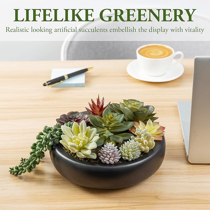 MyGift 8-Inch Artificial Succulent Plant Arrangement, Assorted Fake Plants in Modern Black Round Concrete Planter Bowl-Ruum Studio Home
