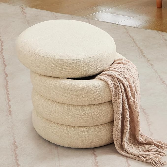 ONEVOG Round Storage Ottoman, 20" Small Ottomans Table with Removable Lid, Linen Fabric Soft Footrest Stools for Couch, Upholstered Stuffed Circle Seat for Living Room/Bedroom/Dorm/Vanity, Beige-Ruum Studio Home