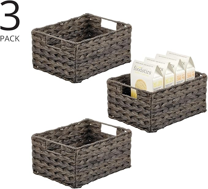 mDesign Woven Farmhouse Kitchen Pantry Food Storage Organizer Basket Bin Box, Container Organization for Cabinets, Cupboards, Shelves, Counter - Store Potatoes, Onions, Fruit, 3 Pack, Espresso Brown-Ruum Studio Home