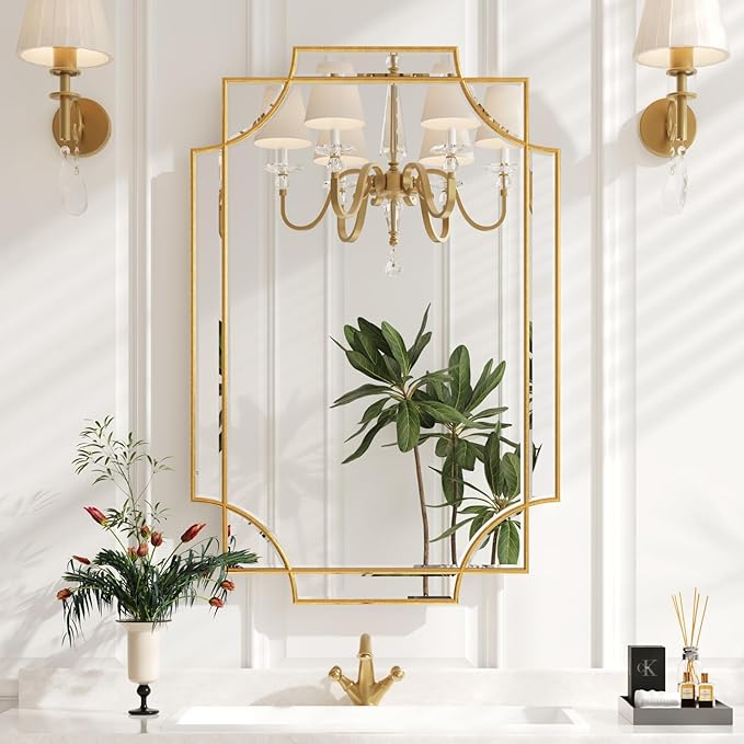 Kelly Miller Gold Bathroom Mirror for Wall, 24"x36" Large Decorative Mirror Gold Wall Mirror Vanity Mirror Beveled Wall Decor for Master Bath Half Bath Living Room Bedroom Fireplace Mantle Entryway-Ruum Studio Home