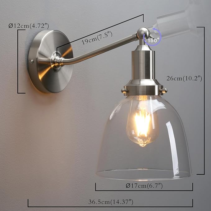 PERMO Industrial Vintage Slope Pole Wall Mount Single Sconce with 6.7" Oval Dome Clear Glass Shade Wall Sconce Light Lamp Fixture (Brushed Nickel)-Ruum Studio Home