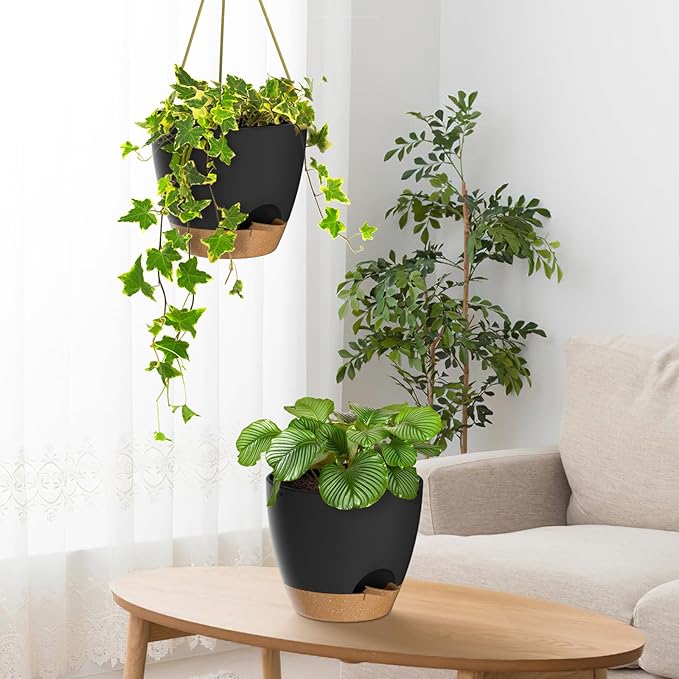 ZMTECH 10 Inch Hanging Planters for Indoor Outdoor Plants, 2 Pack Self Watering Hanging Plant Pots with Drainage Holes and Removable Saucer, Plastic Flower Hanging Pots with Watering Lip (Black)-Ruum Studio Home
