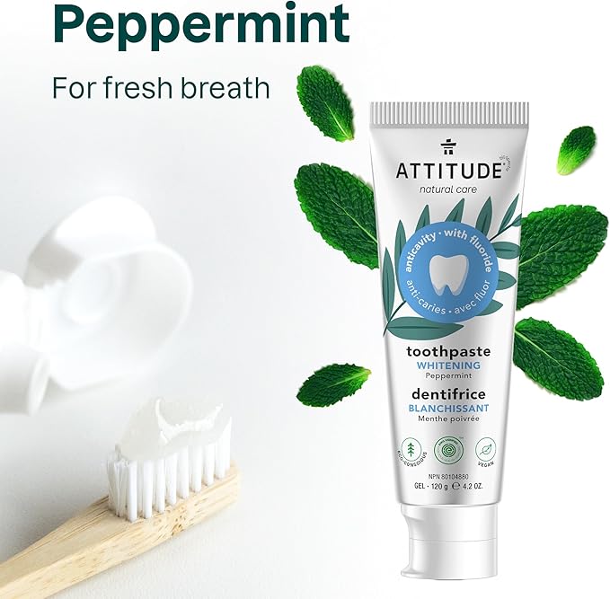 ATTITUDE Toothpaste with Fluoride, Prevents Tooth Decay and Cavities, Vegan, Cruelty-Free and Sugar-Free, Whitening, Peppermint, 4.2 Oz (Pack of 2)-Ruum Studio Home