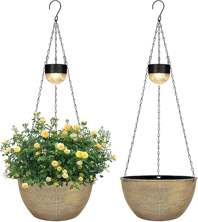 2 Packs Hanging Planters Basket for Outdoor Plants, Solar Powered Self Watering Copper Round Plastic Flower Pots with Drainer for Balcony Patio Garden Outdoor Decoration-Ruum Studio Home