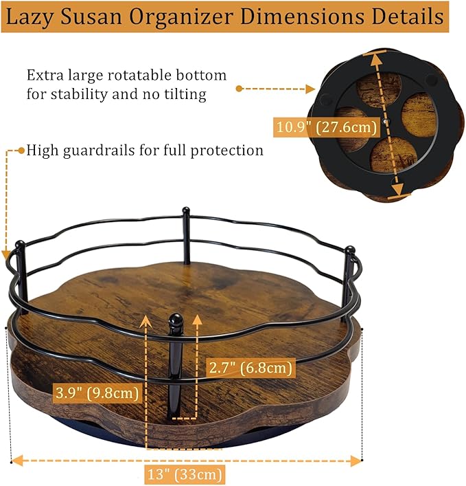 13" Lazy Susan Turntable Organizer with Higher Metal Sides, 360° Rotating Wooden Lazy Susan Organization and Storage for Cabinet,Kitchen,Countertop,Table Top,Dining Table,Coffee Bar Decor-Ruum Studio Home