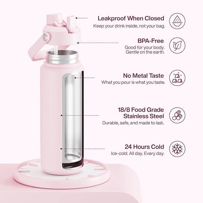 Insulated Water Bottle with Straw Stainless Steel Water Bottle, Leak-Proof, BPA-Free, Double Wall Vacuum Keeps Cold for 24 Hours for Sports, Travel, School (32 oz, Cotton Candy)-Ruum Studio Home