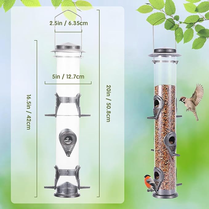 MIXXIDEA 2PK Metal Wild Bird Feeder Squirrel Proof Bird Feeders for Outside Hanging 6 Port Tube Bird Feeder Transparent Finch Feeder with Steel Hanger (Grey)-Ruum Studio Home