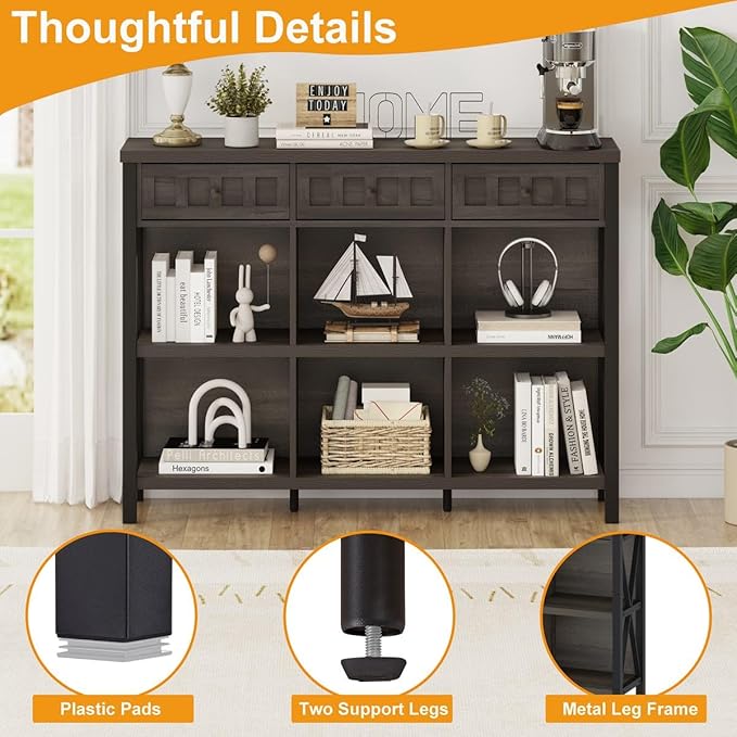 FATORRI Rustic 6 Cube Storage Organizer Bookshelf with 3 Drawers, Short Low Horizontal Bookshelf for Living Room, Industrial Wood and Metal Cubby Bookcase for Home Office (Walnut Brown, 47 Inch)-Ruum Studio Home