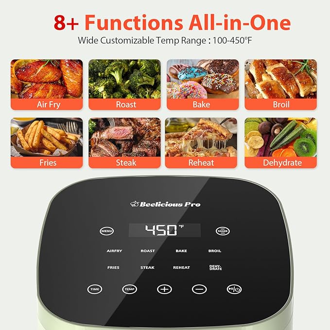 Air Fryer, Beelicious 8-in-1 Smart Compact 4QT Air Fryers, Shake Reminder,450°F Digital Airfryer with Flavor-Lock Tech,Tempered Glass Display, Dishwasher-Safe & Nonstick, Fit for 1-3 People, Avo Green-Ruum Studio Home