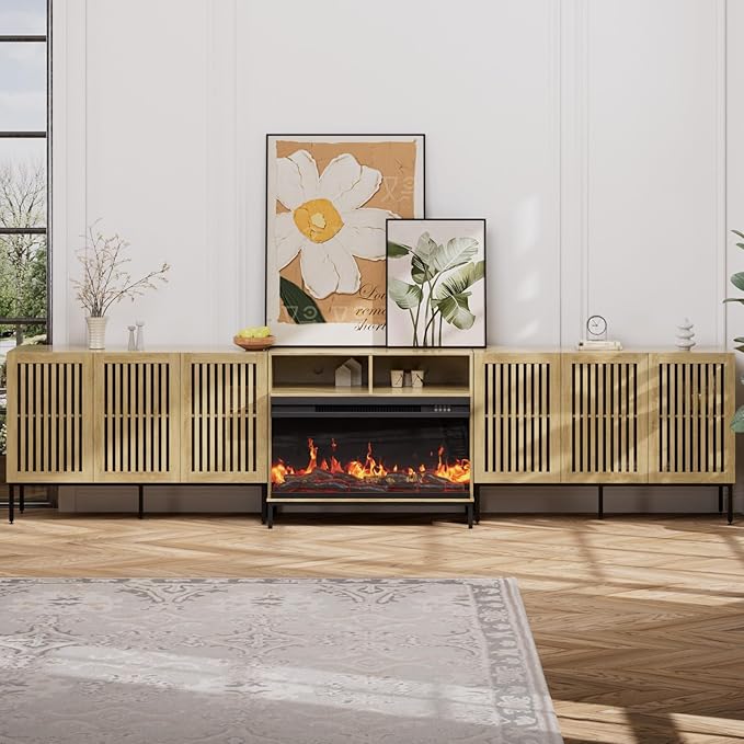 3-Sided Glass Farmhouse Fireplace TV Stand for TVs Up to 110 Inch, Oak Entertainment Center with 36" Electric Fireplace, TV Console with Storage Cabinets for Living Room-Ruum Studio Home