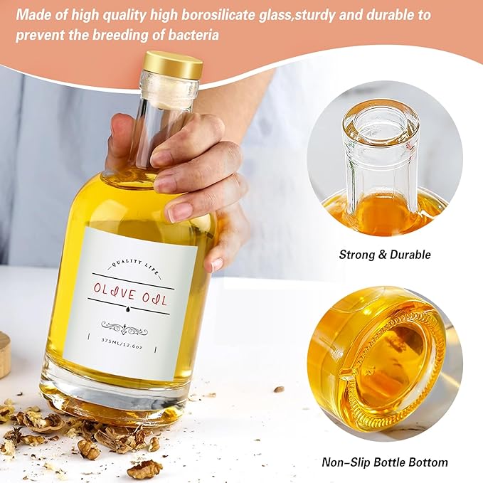 Olive Oil Dispenser Bottle for Kitchen, Clear Glass Oil and Vinegar Dispenser Set, Coffee Syrup Dispenser, Container With Metal Pour Spout, Airtight Lid, Funnel, Waterproof Labels (375ml-4 Pack)-Ruum Studio Home