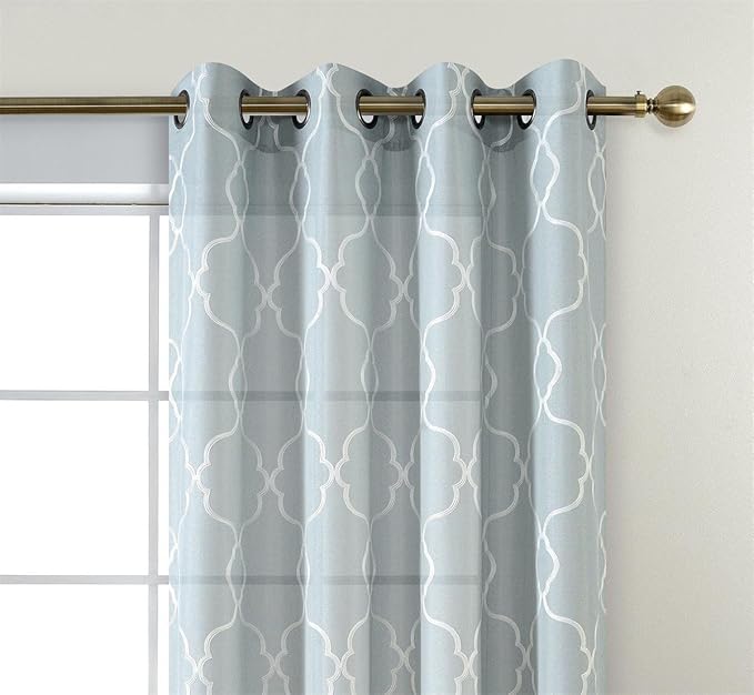 MIUCO Moroccan Embroidery Semi Sheer Curtains Faux Linen Grommet Curtains for Living Room 52 x 84 Inch 2 Panels Set, Sea Foam-Ruum Studio Home