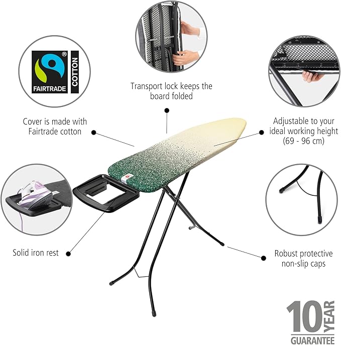 Brabantia - Ironing Board B – Solid Steam Iron Rest – Adjustable Height – Non-Slip Rubber Feet – 100% Fairtrade Cotton Cover with Foam Padding – Foldable – New Dawn – Size B (49 x 15 in)-Ruum Studio Home