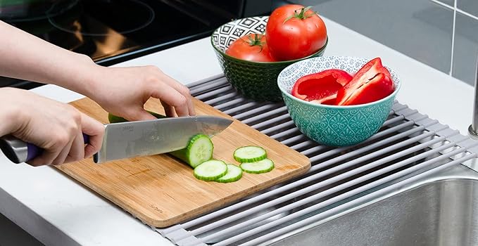 Surpahs Over Sink Foldable Multipurpose Roll-Up Dish Drying Rack, Silicone Wrapped Stainless Steel, Warm Gray, 20.5" x 15.5"-Ruum Studio Home