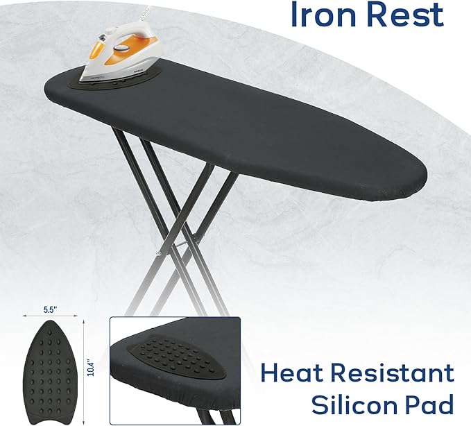 Ironing Board 43x13 with Iron Rest, RAINHOL Compact Iron Board Full Size with Thick Cover and Pad, Easy Storage Hanger with Heat-Resistant Silicone Pad, Space Saving and Height Adjustable, Black-Ruum Studio Home