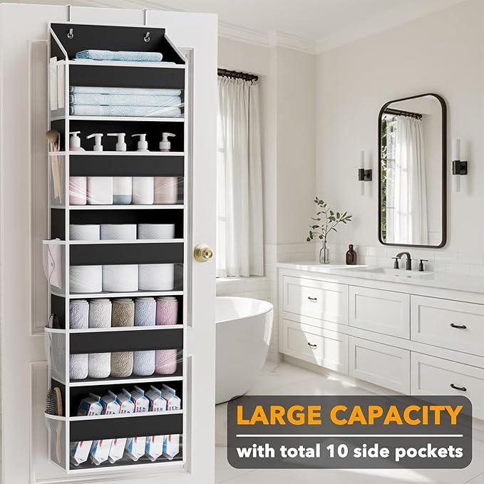 SpaceAid 1 Pack Over The Door Organizer with 5 Large Pockets and 10 Mesh Side Pockets, 5 Layers Door Organizer Hanging with Clear Window for Bedroom, Bathroom, Pantry and Nursery, Black-Ruum Studio Home