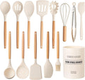 Country Kitchen Non Stick Silicone Utensil Set with Rounded Wood Handles for Cooking and Baking, 14 Piece Set, Khaki-Ruum Studio Home