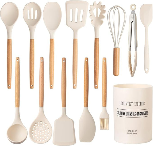 Country Kitchen Non Stick Silicone Utensil Set with Rounded Wood Handles for Cooking and Baking, 14 Piece Set, Khaki-Ruum Studio Home