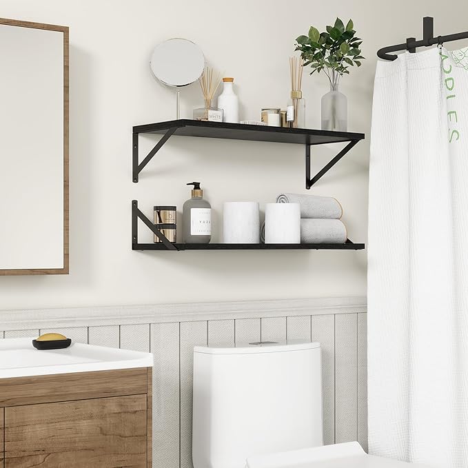 Fun Memories 27.5" W x10 D Floating Shelves, Black Wall Shelf with Brackets, 10 Inch Deep Floating Shelf Set of 2, Large Storage Kitchen Living Room Bathroom Shelves, Wood Wall Mounted Shelf-Ruum Studio Home