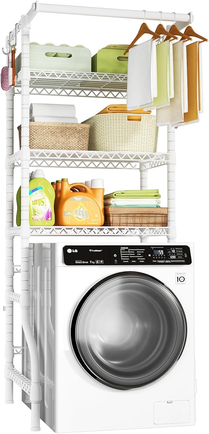 Ulif U11 Mini Over Washer and Dryer Shelves, 3 Tiers Laundry Room Storage and Organizer Standing Shelf, Metal Freestanding Clothes Drying Rack, 28.3”W x 19.7”D x 77.6”H, White-Ruum Studio Home