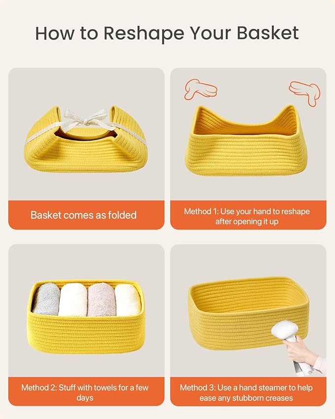 KALLAX Small Woven Basket, 12 x 8 x 4.5 Inches, Storage Basket for Organizing, Cute Small Rope Shelf Closet Cube Storage Bins Baskets for Shelves, Dog Toy Gift Baskets Empty, 3 Pack Yellow-Ruum Studio Home