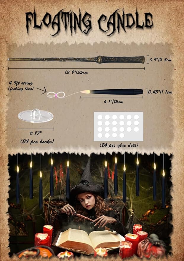 GenSwin 22pcs Flameless Floating Candle with Magic Wand Remote Timer, Battery Operated Hanging Window Candles Flickering, 6.1" LED Electric Candles for Christmas Halloween Decorations(Black)-Ruum Studio Home